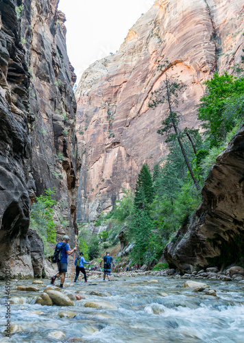 Springsdale  UT USA - 09 11 2021  Hiking The Narrows in the Virgin River in Zion National Park