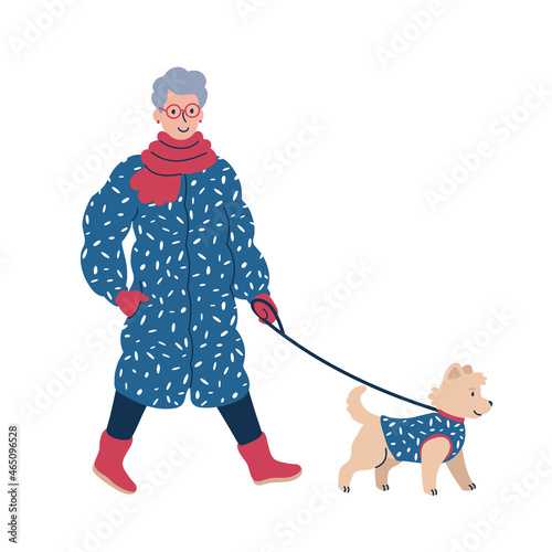 Happy pet owner walking a dog on a leash in winter time. Isolated vector illustration.