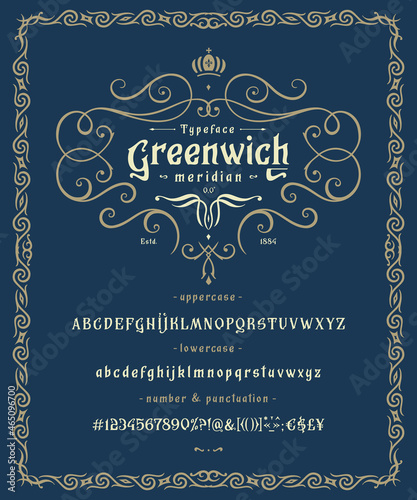 Font Greenwich. Vintage typeface design. Old label