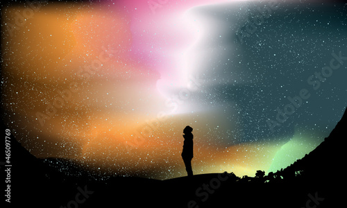 Fototapeta Naklejka Na Ścianę i Meble -  Aurora Borealis with silhouette of a person watching