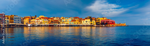 View of old port of Chania. Landmarks of Crete island. Greece. Bay of Chania at sunny summer day, Crete Greece. View of the old port of Chania, Crete, Greece. The port of chania, or Hania.