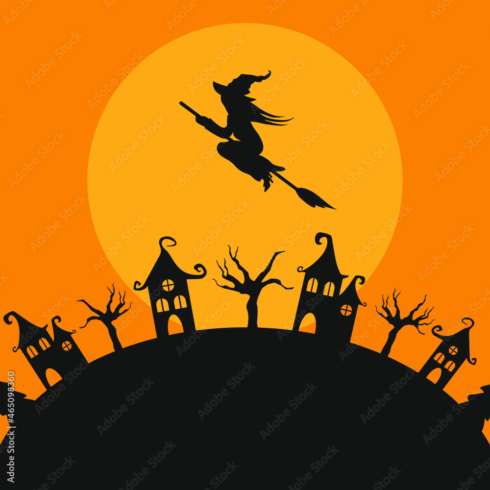 Witch flies on a broom against of full moon. Trees and houses. Vector illustration. Witch silhouette on a broomstick. Flying witch icon.