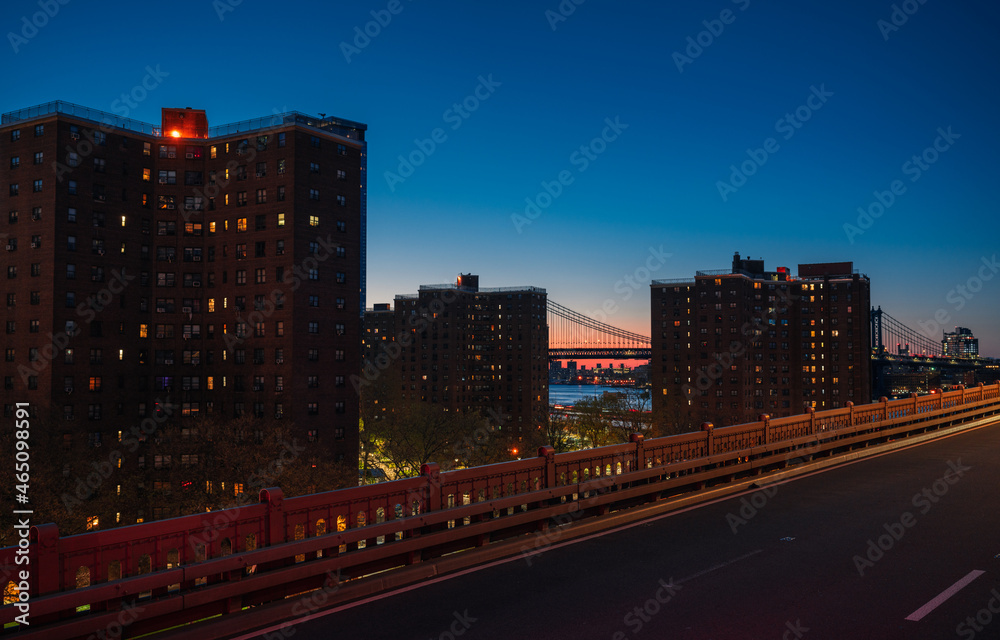 city skyline sunrise Brooklyn New York sky bridge buildings horizon colors sky 