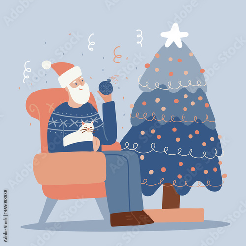 Man wearing Santa hat and beard is sitting on a chair near Christmas tree. Holiday character with a cat on his lap. Cute greeting card, poster or banner for Christmas holiday. Flat vector illustration