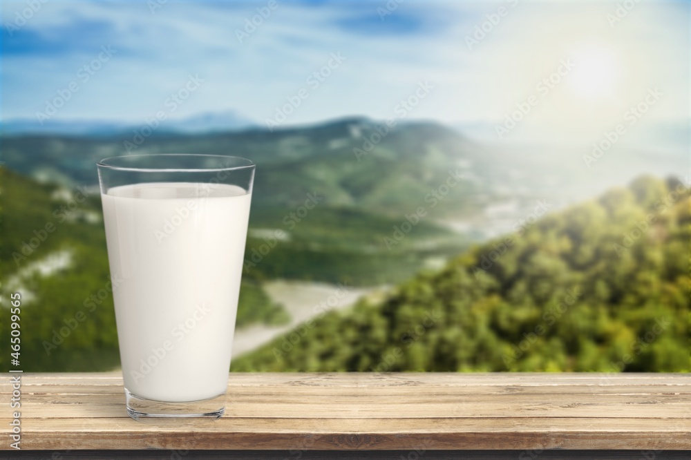 Glass and jug of fresh tasty milk, dairy products Glass and jug of fresh tasty milk, dairy products
