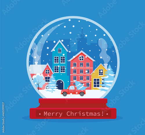 Christmas snow globe with winter landscape city inside. Merry Christmas. Celebrating new year and christmas. Vector illustration in flat style