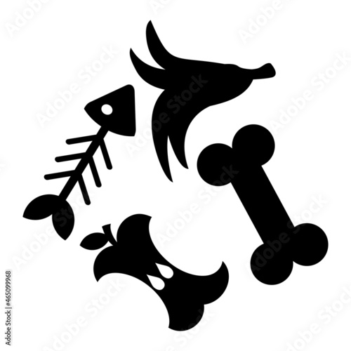 Simple vector black and white icon of the organic food waste. Flat silhouettes of fish skeleton, animal bone, apple core and banana peel