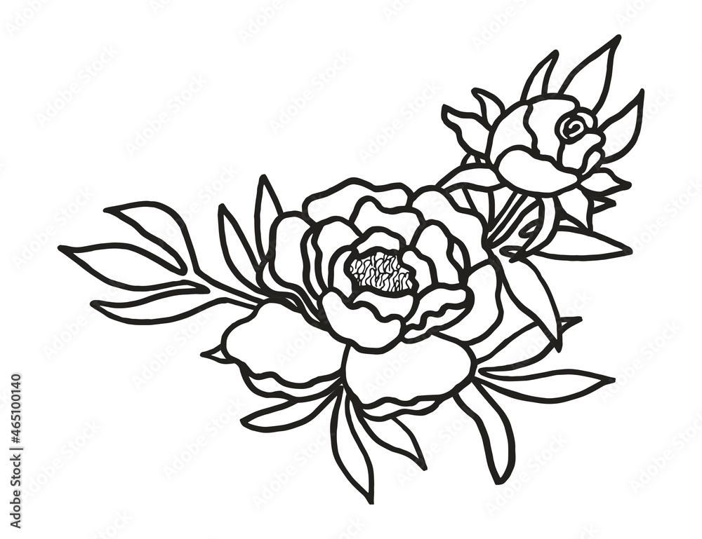 Black and white outline vector drawing of a bouquet of peony for coloring. Simple linear illustration of a flower with leaves and bud Black and white outline vector drawing of a bouquet of peony for coloring. Simple linear illustration of a flower with leaves and bud