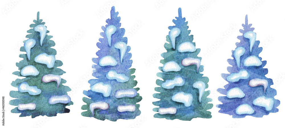 Fir trees in the snow. Four pieces. Watercolor illustration Fir trees in the snow. Four pieces. Watercolor illustration