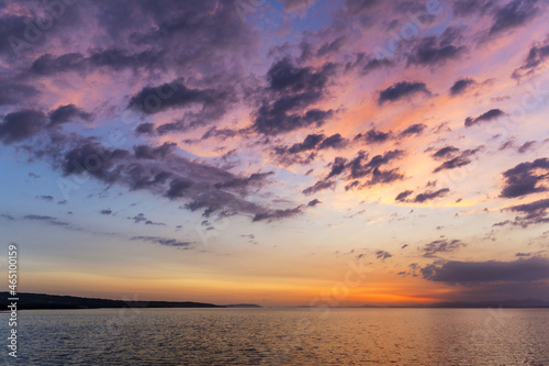 Sunset or sunrise sky above the sea. Nature  weather  atmosphere  travel theme. Sunrise or sunset over the sea. Panorama