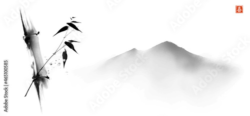 Ink painting with bamboo and far mountains on white background. Traditional oriental ink painting sumi-e, u-sin, go-hua. Translation of hieroglyph - eternity © elinacious