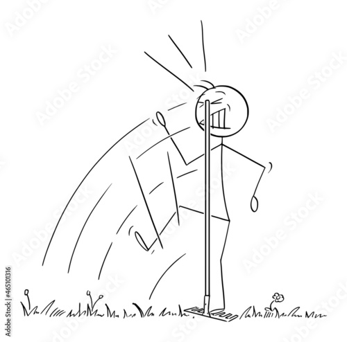 Person or Gardener or Farmer Step on Rake Hidden in Grass and Was Hit to Head , Vector Cartoon Stick Figure Illustration