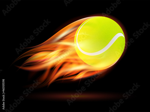 Flaming Tennis Ball. Tennis Ball flying in fire on dark background.