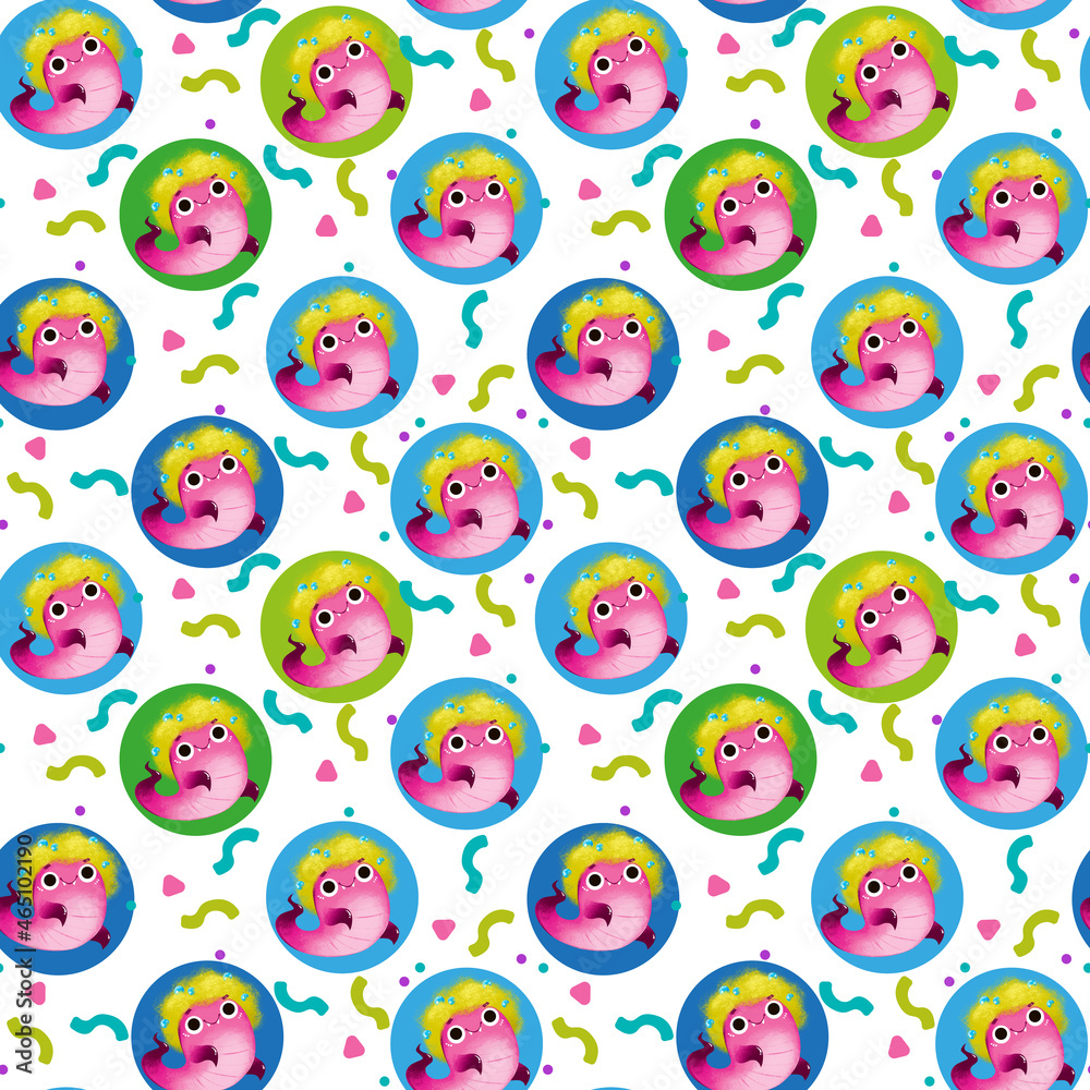 Cute cartoon pink leeches and monsters on colorful abstract circles. Seamless pattern with alien on a white background. Children s funny illustration, drawing by hand. Newborn print, print design Cute cartoon pink leeches and monsters on colorful abstract circles. Seamless pattern with alien on a white background. Children s funny illustration, drawing by hand. Newborn print, print design