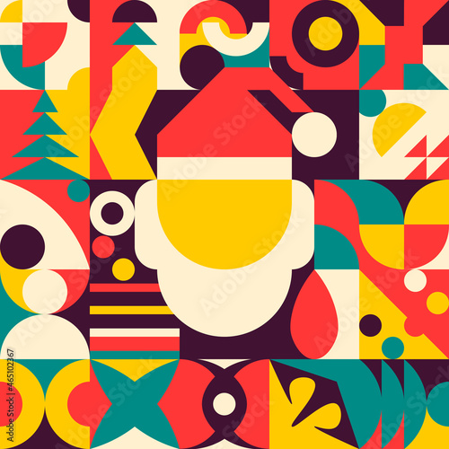 Colorful Bauhaus design flat geometric abstract style in retro color. Christmas background Santa Claus head and hat in flat geometric style.