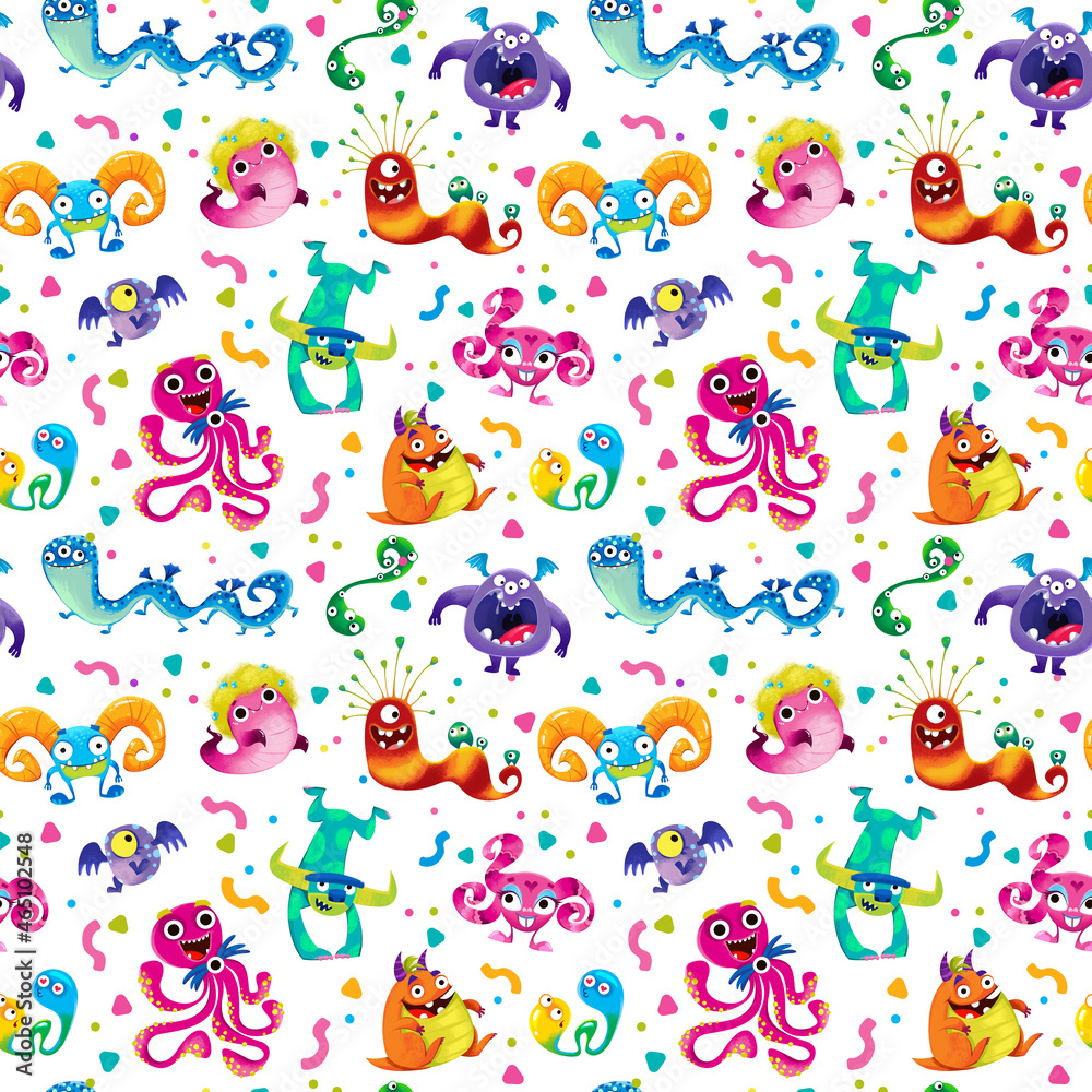 Monsters and colorful aliens, Seamless pattern on a white background. Cheerful childrens multicolored illustration with cute funny and childish characters in cartoon style, hand drawing