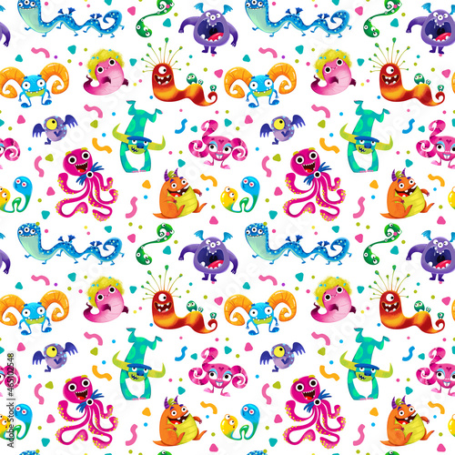 Monsters and colorful aliens, Seamless pattern on a white background. Cheerful childrens multicolored illustration with cute funny and childish characters in cartoon style, hand drawing