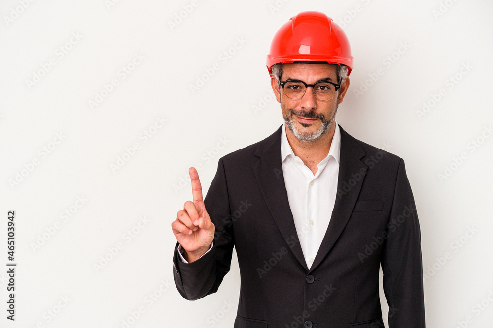 Middle age architect caucasian man isolated on white background  showing number one with finger.