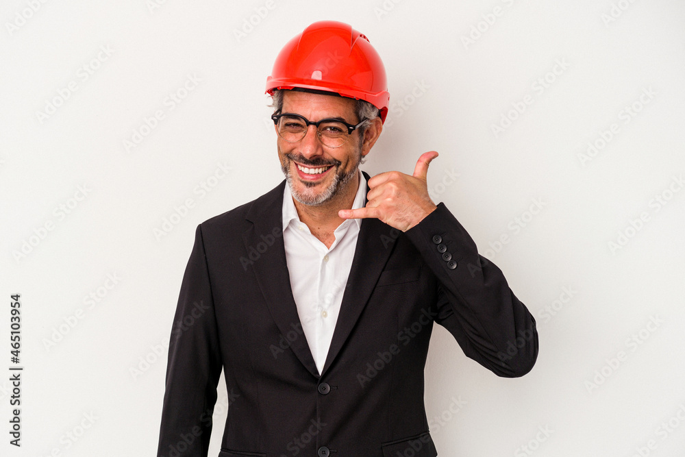 Middle age architect caucasian man isolated on white background showing a mobile phone call gesture with fingers. Middle age architect caucasian man isolated on white background showing a mobile phone call gesture with fingers.