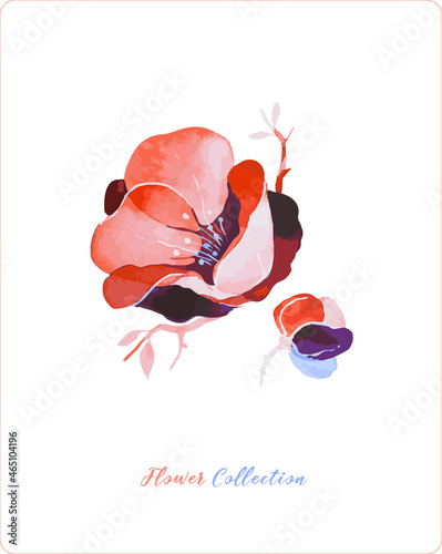 Vector vintage flower on a white background. Purple, pink and blue shades. Flower collection. Buds and twigs. Suitable for vintage postcards, business cards, cover design and T - shirts.