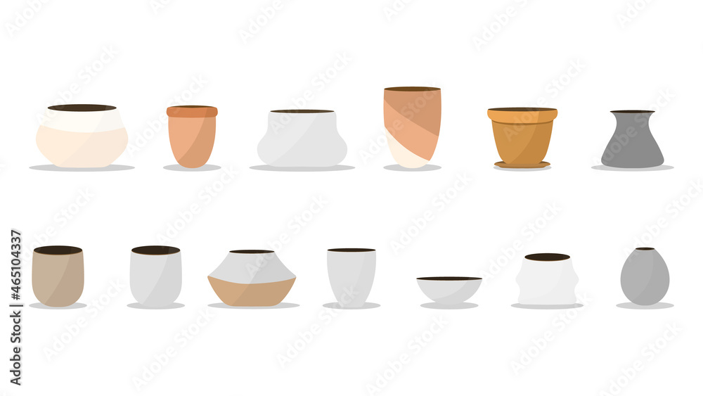 Set beautiful of different types of plant pots, isolated on white background,  Flat cartoon flat style. illustration Vector EPS 10