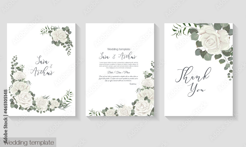 Vector floral template for wedding invitation. White roses, eucalyptus, green plants and leaves.