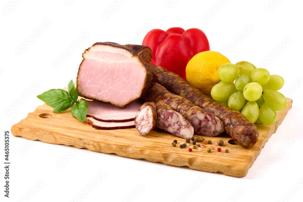 Cold cuts, delicious antipasto meat, isolated on white background.