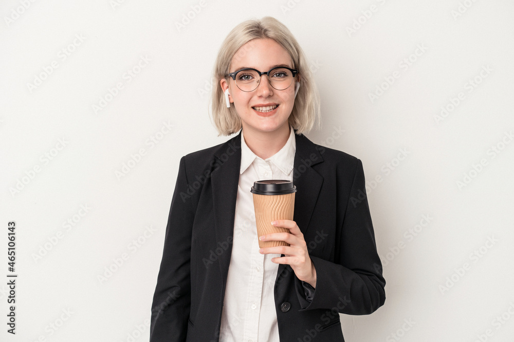 Young caucasian business woman holding take away coffee isolated on white background happy, smiling and cheerful. Young caucasian business woman holding take away coffee isolated on white background happy, smiling and cheerful.
