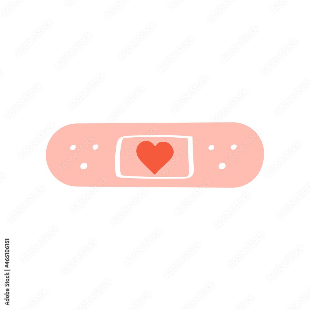 Pink medical plaster with heart. Saint Valentine's Day. Elastic medical plaster. Vector illustration in cartoon style. Isolated on white background. Pink medical plaster with heart. Saint Valentine's Day. Elastic medical plaster. Vector illustration in cartoon style. Isolated on white background.