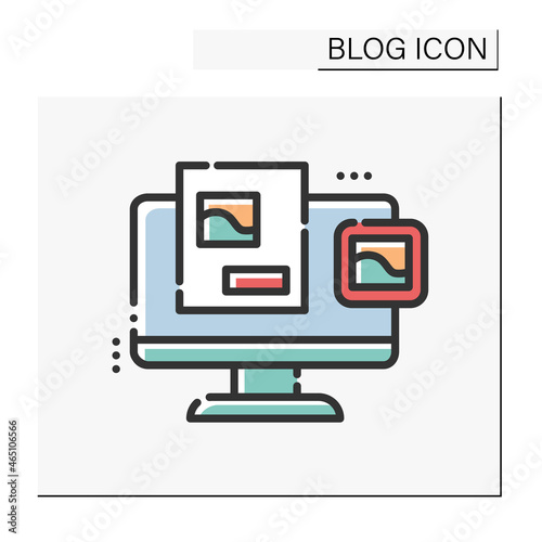 Blog magazine color icon. Storytelling blog. Online book store. Book review. Thematic internet community. Social media. Blogging and broadcasting. Isolated vector illustration