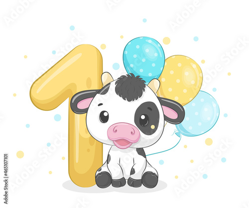 Cartoon illustration "Happy birthday, 1 year", cute calf. Vector illustration.