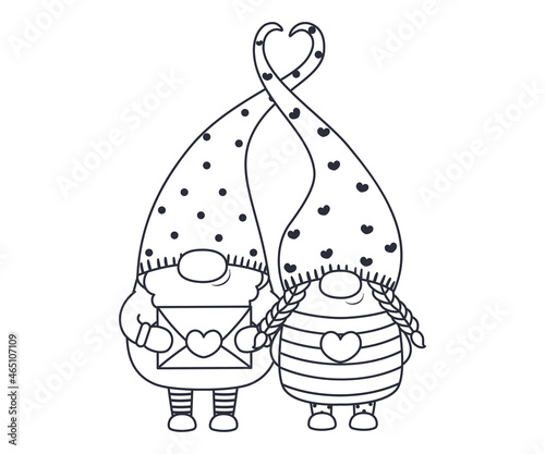 Contour drawing of a pair of cute dwarfs for Valentine's Day. Vector illustration.