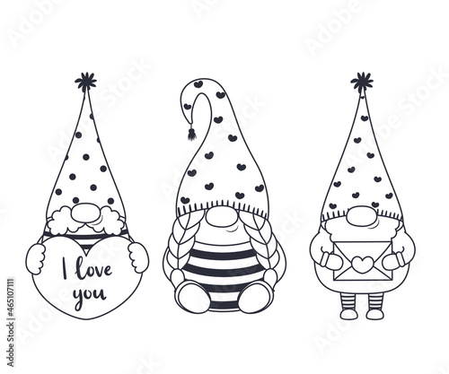 A set of contour drawings of cute dwarfs for Valentine's Day. Vector illustration.