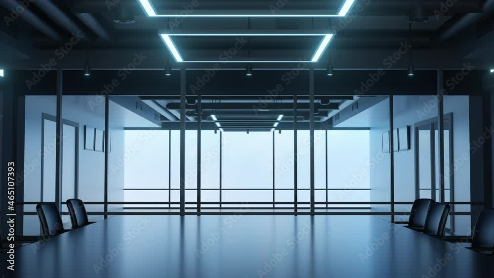 Empty Office interior zooming out dynamic background. Workspace. Empty meeting room. Table and chairs. Corporate business centre department. Modern building architecture. 3D Render concept animation Empty Office interior zooming out dynamic background. Workspace. Empty meeting room. Table and chairs. Corporate business centre department. Modern building architecture. 3D Render concept animation