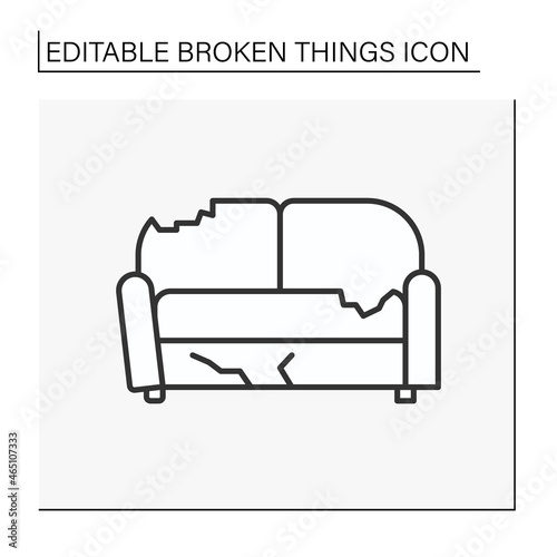 Sofa line icon. Destroyed furniture. Smashed couch in living room. Vandalism, chaos. Broken things concept. Isolated vector illustration. Editable stroke