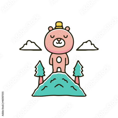 Cute bear relaxing on top of mountain illustration. Vector graphics for t-shirt prints and other uses.