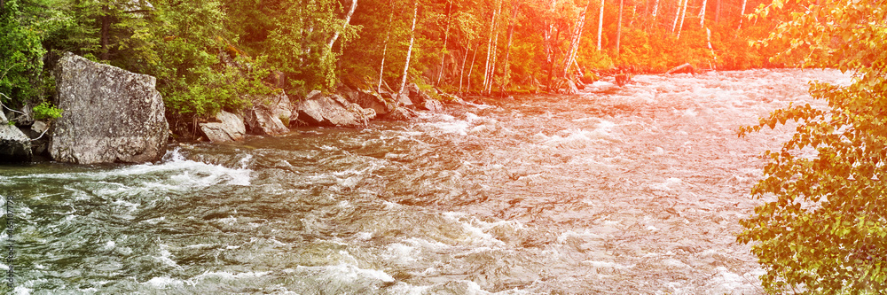 Obraz premium Vacation landscape. Russian Altai mountains. Multa region. Holiday at home. Staycation concept. River rafting. Reduce carbon footprint. Sustainable lifestyle. Holiday trail. Local travel. Waterway