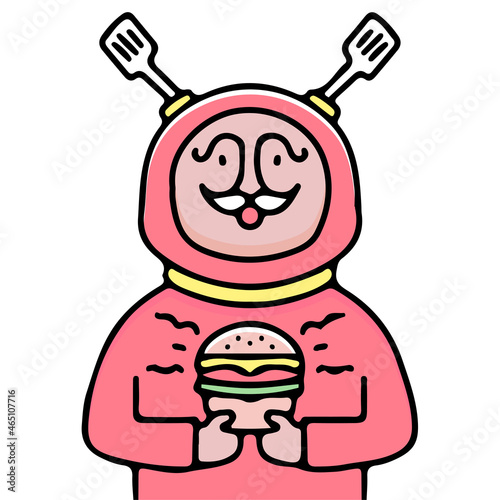 Mustache man with costume spatula horn holding burger illustration. Vector graphics for t-shirt prints and other uses.
