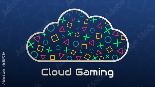 Cloud gaming concept, modern technologies. Vector illustration of a cloud on the background of an abstract gamepad made of various game elements. Design template for web banners, sites.