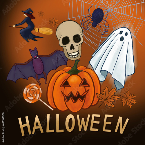 Halloween illustration composition - pumpkin skull ghost witch spider bat candy leaves (ID: 465108500)
