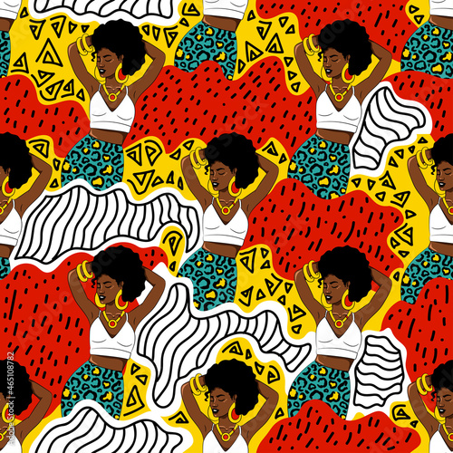 Seamless pattern with  black women and african traditional ornament