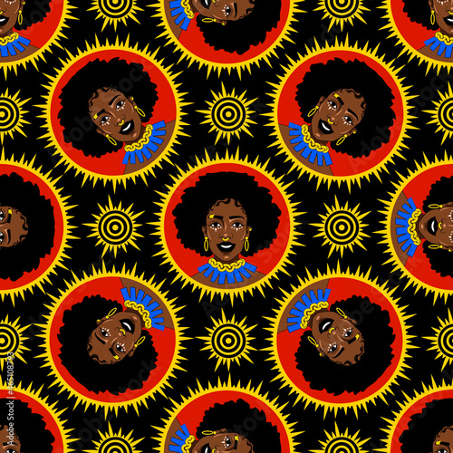 Seamless pattern with beautiful african american women and solar elements