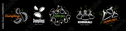 A set of vector logos with drawn dumplings on a black background photo