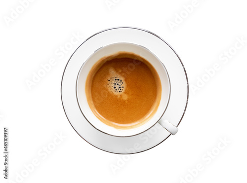 Espresso coffee in white cup isolated top view