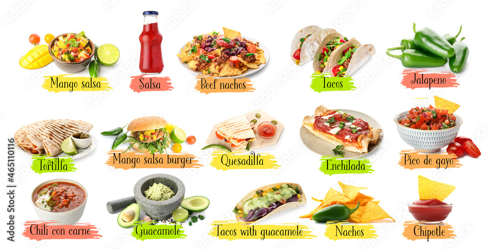 Collection of popular Mexican food on white background