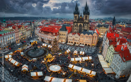Panoramic view of the traditional winter Christmas Market for the festive season at the old town square of Prague, Czech Republic