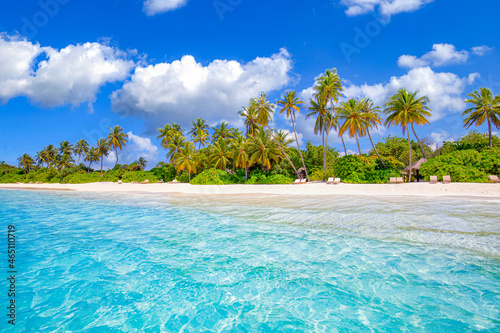 Exotic summer nature beach landscape. Coco palms with amazing blue lagoon, sandy shore, coast. Stunning adventure island beach scenic for vacation holiday tropical destination. Paradise traveling