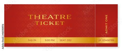 Theater ticket concept in red with ornaments. Can be used for classical concerts and other solemn events. Vector, can be used for printing.
