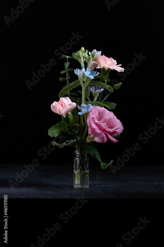 bouquet of pink and blue flowers 