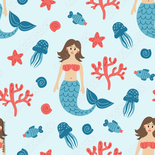 cute mermaid seamless pattern vector, underwater world, cartoon style